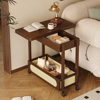 Bamboo yijia living room movable coffee table small household sofa side countertop foldable cart multi-function storage shelves brown color - wheeled storage model