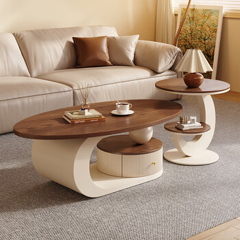 Shaper cream style solid wood small apartment home living room coffee table high-end atmospheric simple modern medieval style oval tea table set milk white frame + walnut color + side table 50cm 1 meter