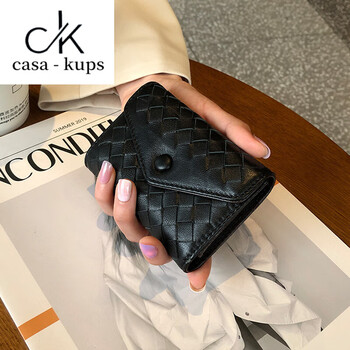 Casa-kupsck genuine pickup bag women's wallet with multiple card slots 2025 chinese valentine's day sheepskin woven accordion id bag buckle short black
