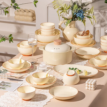 Baishuo bowl and plate set, underglaze color tableware, complete set of high-looking cream style ceramic bowls, dishes, chopsticks, wedding gift, 10-person meal with soup bowl, 42-piece set