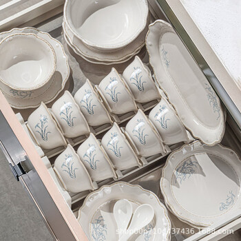 Boduan jingdezhen bowl and dish set household 2025 new french ceramic tableware bowls and chopsticks housewarming gift bowls and plates lan yue 6-person soup bowl configuration gift box packaging 32-piece set