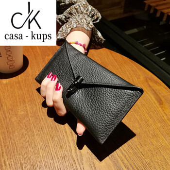 Casa-kups genuine leather 2025 new compact wallet women's long new card holder all-in-one ultra-thin ins style black