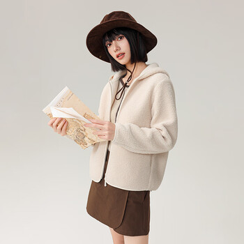Snow flying jacket women's hooded 2025 spring and autumn new style polar fleece short top beige m 160