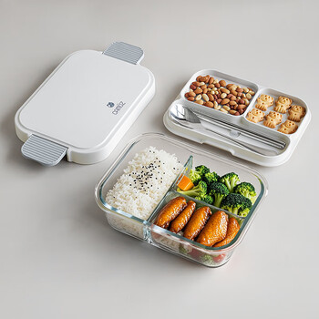 Camuz glass lunch box heat-resistant fresh-keeping box microwave heating office worker lunch box large capacity white 3 partitions