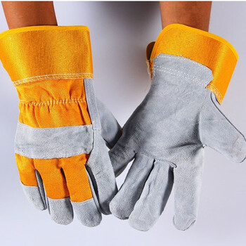 Short cowhide welding gloves for welders, welding, puncture-proof, handling, durable, warm, anti-scalding, protective long gloves, anti-opening, yellow cloth two fingers, regular style, one size fits all