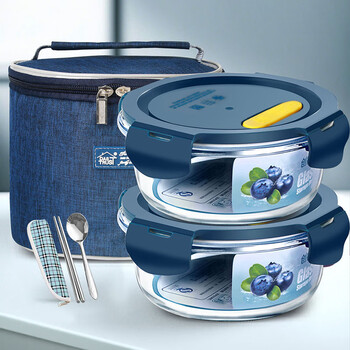 Chuangde heat-resistant glass crisper microwave lunch box office worker lunch box xinghai blue circle 1000ml*2+bag+tableware