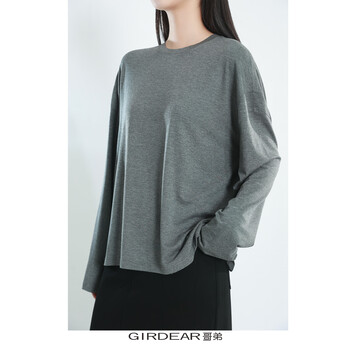 Girdear/girdear 130066 spring new skin-friendly, comfortable and versatile loose round neck long-sleeved t-shirt basic base silver gray afternoon dark clouds (grey) l