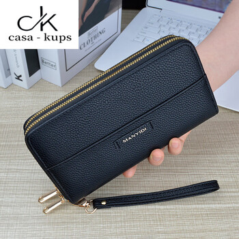 Casa-kupsck genuine leather wallet new style women's long double zipper clutch women's wallet fashion large capacity double layer soft leather wallet black