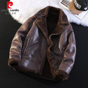 Pierre cardin lamb velvet leather jacket men's trendy winter style plus velvet thickened suede lapel jacket fur integrated cotton jacket for men dark brown xl