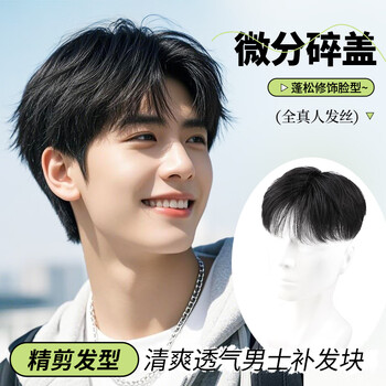 Medium smooth hair wig men's head replacement micro-fragmentation cover daily short hair handsome natural full real hair bald cover men's hair piece silk machine-made white mesh black series short hair 12cm 14*19