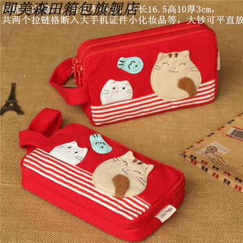 Beauty morita (beauty buffet) cute cartoon cat canvas handbag mini girls hand-scratchable bag girls fabric coin key bag fat cat stripes. big red two-layer large mobile phone bag