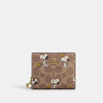 Coach women's wallet with multiple card slots, built-in id window, zipper coin bag, snap closure, canvas material, tan/brown multi