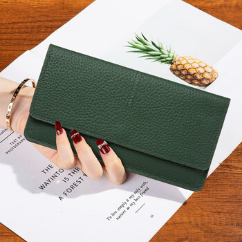 Sephoron new year ultra-thin long folding wallet unisex 2026 new genuine leather multi-slot card holder banknote clip dark green-first layer cowhide gift box packaging