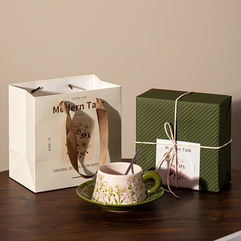 Paiyi modern home small fresh floral coffee cup set gift box ins style retro ceramic mug wedding gift moving house lily green (cup, sauce and spoon) gift packaging + gift bag
