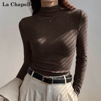 La chapelle half turtleneck bottoming shirt for women, autumn and winter new style high-end tight-fitting threaded long-sleeved top, brown xl