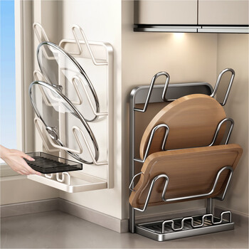 Tiandiyu (tdyu) kitchen pot lid rack countertop kitchen storage rack wall-mounted dual-purpose vertical pot spatula rack storage chopping board placer gun ash three-layer pot lid rack with water tray