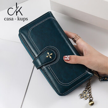 Casa-kups genuine leather wallet women autumn niche design women's long style 2025 new women's clutch large capacity hand peacock blue