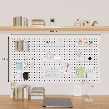 Pickup cat round hole perforated board storage rack free of punching wall accessories display rack study desk organizing and storage dormitory partitions thickened 100*70 white with frame 20 metal hooks