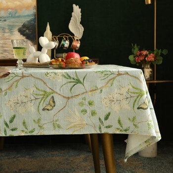 Table cloth, table cover, american light luxury printed flower and bird household cotton meal round square tablecloth flag coffee table cloth european style american butterfly-green tablecloth 140*250cm