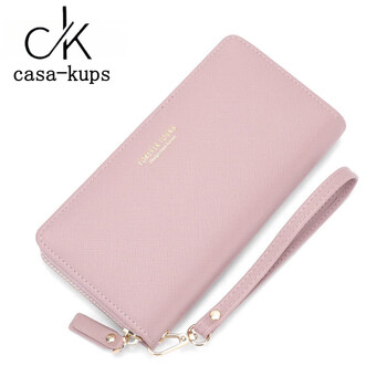 Casa-kups long women's hand wallet card bag zipper wallet new white simple fashion solid color multi-card slot versatile pink dark pink