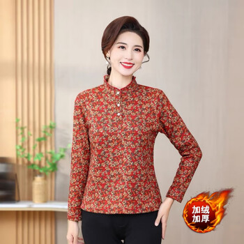 Yu zhaolin's mother's new autumn and winter floral plus velvet bottoming shirt covers the flesh and looks slim for middle-aged and elderly women, one-piece velvet long-sleeved t-shirt top, red flower 3xl 120-135 pounds or so