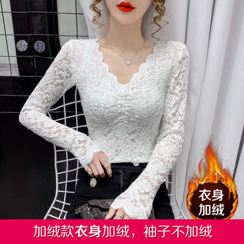 Yoekbird v-neck lace bottoming shirt for women 2025 spring new small shirt with velvet inner long-sleeved mesh top for women white velvet 2xl