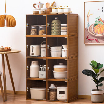 Trojan sideboard storage cabinet integrated wall-mounted kitchen storage rack storage wine cabinet entrance living room multi-functional side cabinet hd transparent door-brown (widened 35cm)