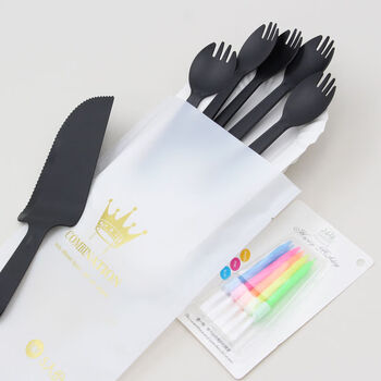 Sai lotto birthday tableware dinner plate plastic set fork plate paper plate candle 4-in-1 200 sets 5 black forks 5 long plate black candles 200 sets