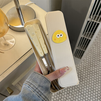 Ye yu cute ins cheese spoon fork chopsticks three-piece set student portable tableware storage box set free ins cute cheese with single and double chopsticks