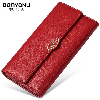 Banyanu 2025 new korean style women's wallet women's long first-layer cowhide large capacity three-fold genuine leather wallet trendy red no specifications