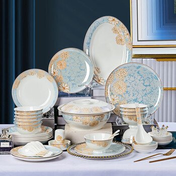 Lanjingge new ceramic bowls and plates, jingdezhen bone china tableware set, full set of bowls, plates and chopsticks combination, household gifts, good looks, good times (for 8 people), 38-piece set