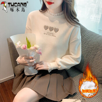 Woodpecker (tucano) fashionable fake two-piece sweatshirt women's autumn and winter clothes 2025 winter new style velvet style versatile round neck bottoming shirt for women off-white velvet s