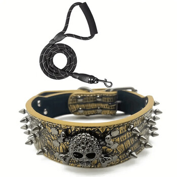 Oimg medium and large dog retro dog collar rivet bully dog anti-bite new style with anti-luminous traction rope skull collar m (please see the details page for length)