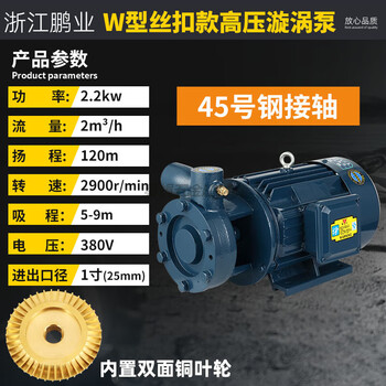 Pengye w-type high-lift high-pressure vortex pump 380v boiler steam generator water pump water supply pipeline booster pump 2.2kw 1 inch 2 square 120 meters w-type threaded style 380v high-pressure vortex pump