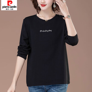 Pierre cardin (pierre cardin) large size women's pure cotton long-sleeved black t-shirt for mothers autumn loose belly-covering early autumn tops women's bottoming shirt black l suitable for (100-120 pounds)