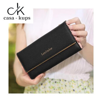 Casa-kupsck women's genuine leather wallet women's long wallet large capacity retro women's tri-fold leather wallet handbag purse black
