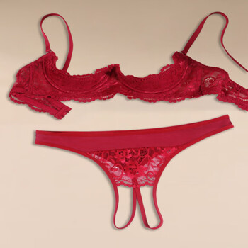 Victoria's style quarter bra, half cup lace sexy suit, underwired small breasts, hollow sexy underwear, red-suit s