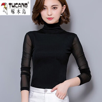 Woodpecker turtleneck mesh bottoming shirt for women spring and autumn new solid color long-sleeved t-shirt lace shirt slim plus velvet top for women black