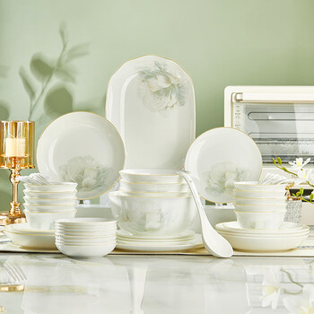 Youzun ceramics bone china bowl and dish set for home move-in and new home gift new light luxury high-end tableware plate and dish set 60-piece gift box begonia bowl series soup bowl version