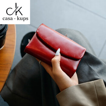 Casa-kupsck wallet women's short genuine leather 2025 new card bag multi-functional wallet three-fold oil wax cowhide wallet big red