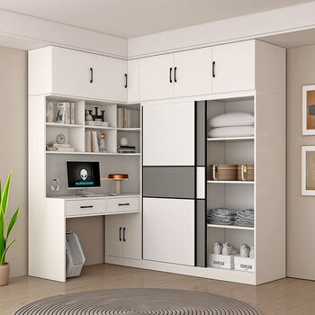 Children's room small bedroom wardrobe with study table desk bookshelf combination solid wood sliding door integrated corner dressing table b type 1.4 meters (80 cabinets + 60 tables) delivered to home and installed