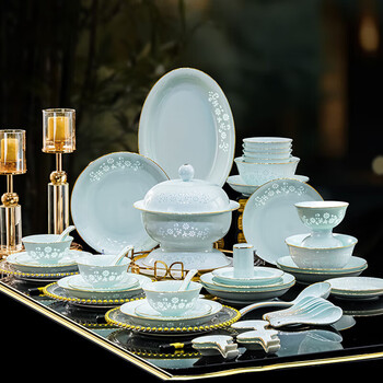 Manyuan underglaze color light luxury jingdezhen high white porcelain exquisite ceramic tableware set for gift home dishes and dishes for housewarming and wedding exquisite golden dandelion luxurious configuration for 10 people 58 heads