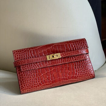 Second-hand 95 new hermes (hermes) kelly long crocodile leather women's wallet red gold buckle crocodile leather without accessories