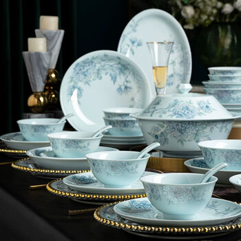Jinglezhong jingdezhen 2025 new celadon bowls and plates high-temperature tableware complete set of chinese dishes household high-end housewarming gift high-temperature celadon | underglaze color | high-end leather box 68 pieces