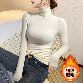 Apricot turtleneck bottoming shirt for women, autumn and winter 2025 new slim fit warm sweater pile collar plus fleece top, apricot turtleneck, brushed style l (101-110 pounds)