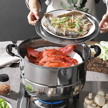 Ye yu thickened large steamer stainless steel household two-layer double-layer steamed buns steel pot soup pot induction cooker gas stove pot export genuine inventory special deal 1cm upgraded extra thick double layer 34cm heightened to prevent overflow