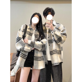 Poum small fragrance jacket french retro plaid woolen warm jacket design high-end autumn and winter niche couple clothes black single piece xl