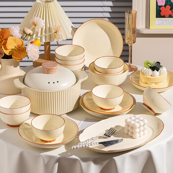 Four companion bowl set 2025 new household high-looking cream style housewarming gift complete set of ceramic bowls, plates and tableware for 4 people with soup bowls gift box 18 pieces (see figure 2 for detailed specifications)