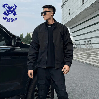 Wassup sohot jacket men's autumn american stand collar flight jacket men's trendy work clothing top men's black l