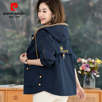 Pierre cardin middle-aged mom pure cotton hooded jacket women's velvet thickened 2025 spring and autumn new jacket autumn and winter cotton clothes navy blue spring and autumn xl recommended 108-122 catties